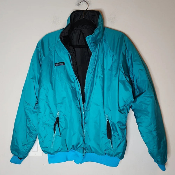 Columbia Reversible Vintage bomber nylon coat. Blue green and black. Size large - Picture 2 of 14